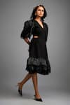 Deepika Arora_Black Roma Ruffles V-neck Shimmer Sleeve Midi Dress _Online_at_Aza_Fashions