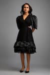 Shop_Deepika Arora_Black Roma Ruffles V-neck Shimmer Sleeve Midi Dress _Online_at_Aza_Fashions