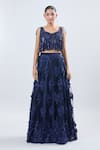 Shop_Samyukta Singhania_Blue Net Embroidery, Sequins Scoop Neck Lehenga Set _Online_at_Aza_Fashions