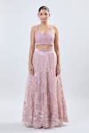 Shop_Samyukta Singhania_Pink Net Embroidery, Sequins V-neck Lehenga Set _Online_at_Aza_Fashions