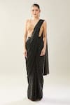 Shop_Samyukta Singhania_Black Satin Sequins Sweetheart Neck Pre-draped Saree Set _Online_at_Aza_Fashions