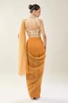 Shop_Samyukta Singhania_Mustard Net Sequins, Embroidery Halter Neck Pre-draped Saree Set _at_Aza_Fashions