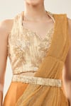 Buy_Samyukta Singhania_Mustard Net Sequins, Embroidery Halter Neck Pre-draped Saree Set 