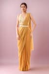 Buy_Samyukta Singhania_Mustard Net Sequins, Embroidery Halter Neck Pre-draped Saree Set _at_Aza_Fashions