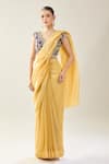 Samyukta Singhania_Yellow Chinon Embroidery V-neck Purple Blouse And Saree Set _at_Aza_Fashions