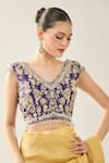 Shop_Samyukta Singhania_Yellow Chinon Embroidery V-neck Purple Blouse And Saree Set 