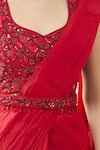 Samyukta Singhania_Red Chinon Embroidery Scoop Neck Pre-draped Saree Set _Online_at_Aza_Fashions