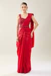 Buy_Samyukta Singhania_Red Chinon Embroidery Scoop Neck Pre-draped Saree Set _Online_at_Aza_Fashions