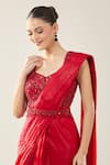 Shop_Samyukta Singhania_Red Chinon Embroidery Scoop Neck Pre-draped Saree Set _Online_at_Aza_Fashions