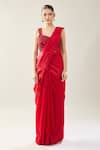 Samyukta Singhania_Red Chinon Embroidery Scoop Neck Pre-draped Saree Set _at_Aza_Fashions
