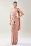 Shop_Samyukta Singhania_Pink Crepe Embroidery Sweetheart Neck Pre-draped Saree Set _Online_at_Aza_Fashions