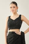 Samyukta Singhania_Black Chiffon Embroidery V-neck Blouse And Pre-draped Saree _Online_at_Aza_Fashions