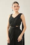 Buy_Samyukta Singhania_Black Chiffon Embroidery V-neck Blouse And Pre-draped Saree _Online_at_Aza_Fashions