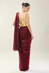 Shop_Samyukta Singhania_Maroon Chinon Sequins Sweetheart Neck Pre-draped Saree Set With Golden Blouse _at_Aza_Fashions