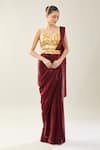 Buy_Samyukta Singhania_Maroon Chinon Sequins Sweetheart Neck Pre-draped Saree Set With Golden Blouse _Online_at_Aza_Fashions