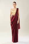 Samyukta Singhania_Maroon Chinon Sequins Sweetheart Neck Pre-draped Saree Set With Golden Blouse _at_Aza_Fashions
