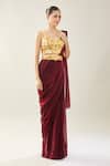Buy_Samyukta Singhania_Maroon Chinon Sequins Sweetheart Neck Pre-draped Saree Set With Golden Blouse 