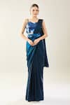 Samyukta Singhania_Blue Chinon Sequins Sweetheart Neck Embellished Blouse And Saree Set _Online_at_Aza_Fashions