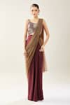 Samyukta Singhania_Maroon Chinon V-neck Pre-draped Saree Set _Online_at_Aza_Fashions