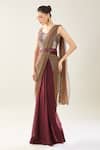 Buy_Samyukta Singhania_Maroon Chinon V-neck Pre-draped Saree Set _Online_at_Aza_Fashions