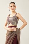 Shop_Samyukta Singhania_Maroon Chinon V-neck Pre-draped Saree Set _Online_at_Aza_Fashions