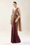 Samyukta Singhania_Maroon Chinon V-neck Pre-draped Saree Set _at_Aza_Fashions