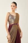 Buy_Samyukta Singhania_Maroon Chinon V-neck Pre-draped Saree Set 