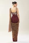 Shop_Samyukta Singhania_Maroon Chinon V-neck Pre-draped Saree Set _at_Aza_Fashions