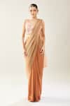 Samyukta Singhania_Brown Chinon Sequins V-neck Peach Embellished Blouse And Saree Set _Online_at_Aza_Fashions