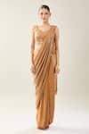 Samyukta Singhania_Brown Chinon Sequins V-neck Pre-draped Saree Set _Online_at_Aza_Fashions