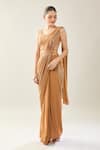 Samyukta Singhania_Brown Chinon Sequins V-neck Pre-draped Saree Set _at_Aza_Fashions