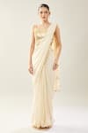 Samyukta Singhania_Off White Chinon Sequins Sweetheart Neck Golden Embellished Saree Set _Online_at_Aza_Fashions