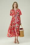 Surabhi Arya_Red Muslin Collared Floral Print Dress _Online_at_Aza_Fashions