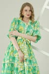 Surabhi Arya_Green Muslin V-neck Floral Print Dress _Online_at_Aza_Fashions