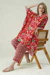 Surabhi Arya_Red Muslin Split V-neck Floral Print Kaftan And Pant Set _Online_at_Aza_Fashions