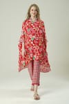 Shop_Surabhi Arya_Red Muslin Split V-neck Floral Print Kaftan And Pant Set _Online_at_Aza_Fashions