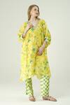 Buy_Surabhi Arya_Yellow Muslin Embroidery V-neck Floral Print Kaftan And Pant Set _Online_at_Aza_Fashions