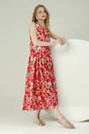 Surabhi Arya_Red Crepe V-neck Floral Print Waist Coat And Skirt Set _Online_at_Aza_Fashions