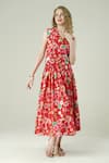Buy_Surabhi Arya_Red Crepe V-neck Floral Print Waist Coat And Skirt Set _at_Aza_Fashions