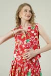 Surabhi Arya_Red Crepe V-neck Floral Print Waist Coat And Skirt Set _at_Aza_Fashions