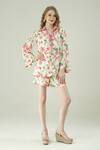 Buy_Surabhi Arya_Ivory Muslin Collared Floral Print Top And Shorts Set _at_Aza_Fashions