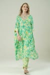 Surabhi Arya_Green Muslin Embroidery V-neck Floral Hand Kaftan Set _Online_at_Aza_Fashions