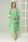 Buy_Surabhi Arya_Green Muslin Embroidery V-neck Floral Hand Kaftan Set _at_Aza_Fashions