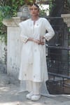 Buy_Label Earthen_Ivory Chanderi Silk, Organza Embroidery Split V-neck Malai Gully Kurta Set _at_Aza_Fashions