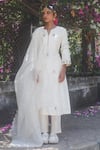 Shop_Label Earthen_Ivory Chanderi Silk, Organza Embroidery Split V-neck Malai Gully Kurta Set _at_Aza_Fashions