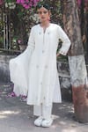 Shop_Label Earthen_Ivory Chanderi Silk, Organza Embroidery Split V-neck Malai Gully Kurta Set 