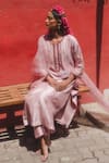 Shop_Label Earthen_Blush Chinon, Organza Embroidery Round Neck Gulab Gully Kurta Set _at_Aza_Fashions