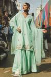 Buy_Label Earthen_Mint Chanderi , Organza, Embroidery V-neck Aqua Green Sharara Set _at_Aza_Fashions