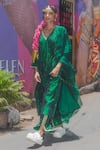 Shop_Label Earthen_Emerald Green Silk, Organza Embroidery V-neck Jhilmil Juhu Kurta Set _at_Aza_Fashions