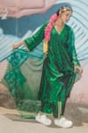 Buy_Label Earthen_Emerald Green Silk, Organza Embroidery V-neck Jhilmil Juhu Kurta Set _Online_at_Aza_Fashions